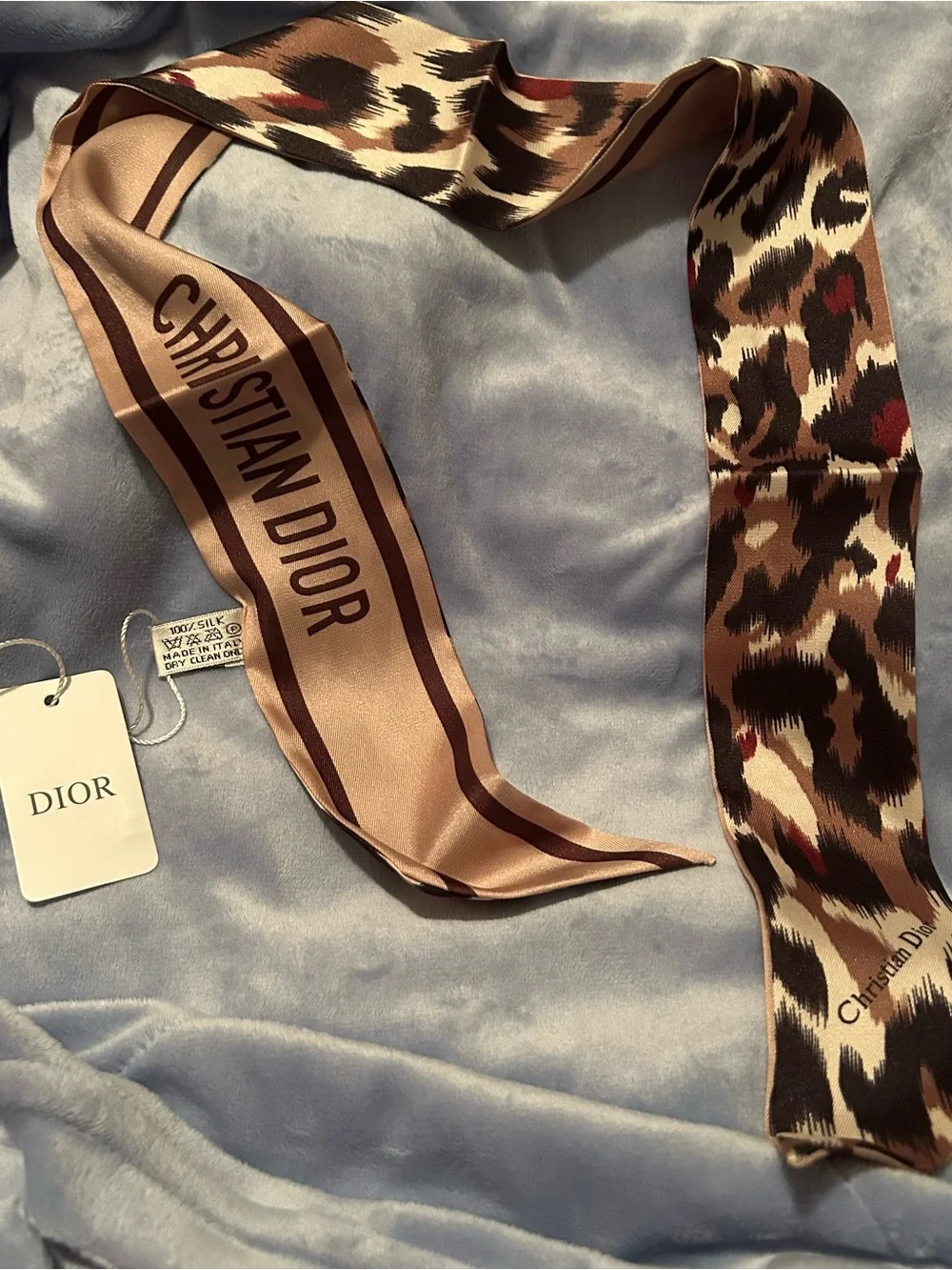CD Brown Leopard Print Silk Twilly Scarf